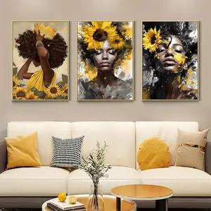 Set of 3 African Black Woman Canvas Painting Watercolour Yellow Sunflower Poster Graffiti Art Bedroom Gallery Frameless Wall Art Decoration Artistic Artwork Set