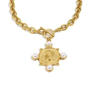 France Pearl Coin Toggle Necklace- Waterproof