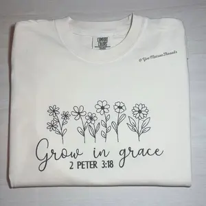 Grow in Grace Embroidered Tee | Christian Floral Shirt | 2 Peter 3:18 Bible Verse Shirt | Comfort Colors Tee