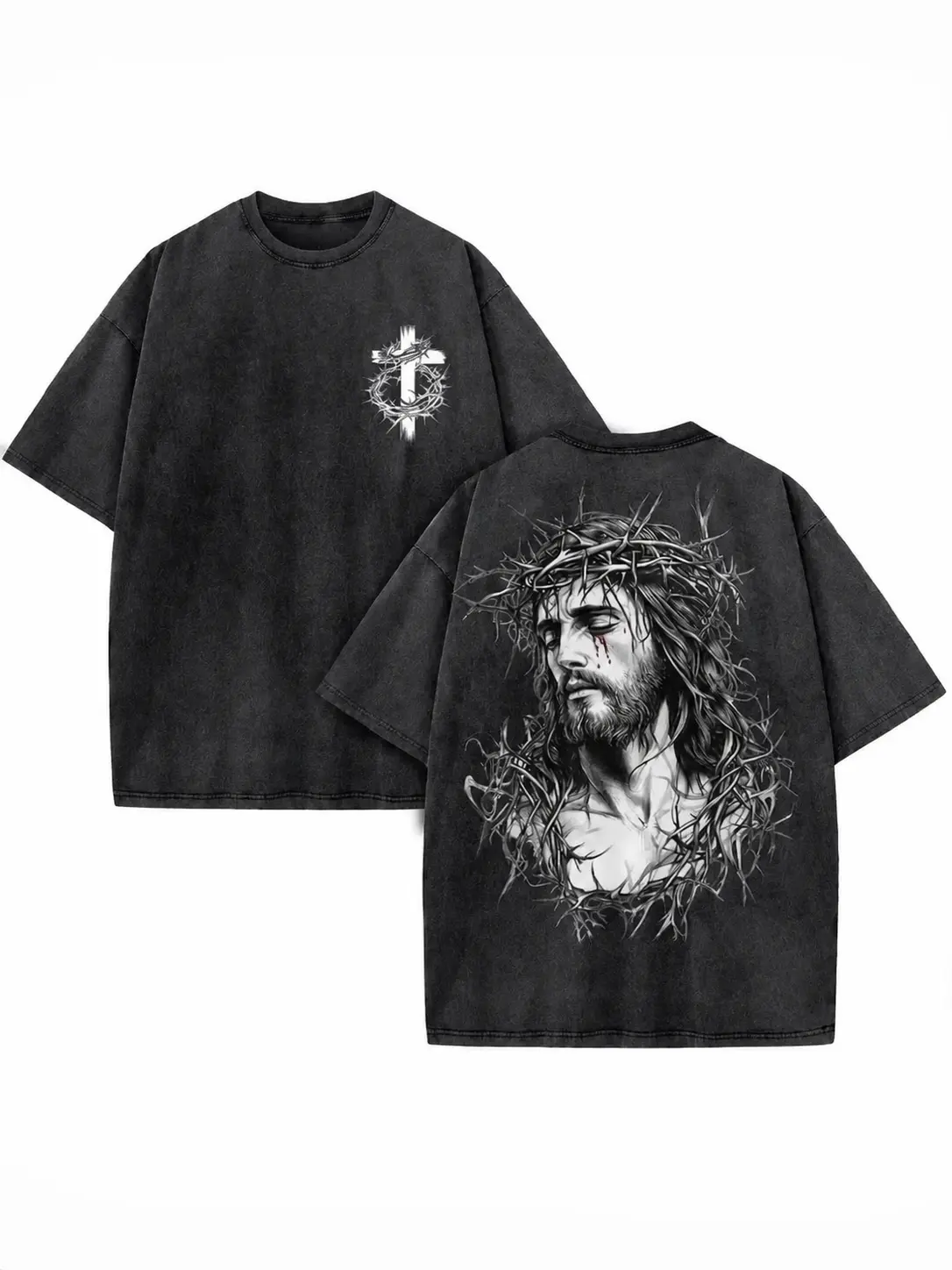 Distressed Menswear Shortsleeve T-Shirt, Vintage Washed 230g Round Neck Top with Double-Sided Jesus & Cross Graphic Festive Crewneck, Tops