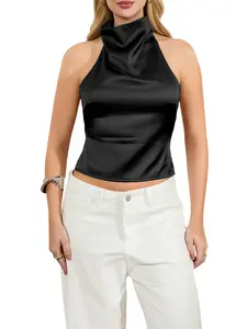LIQUCY Women Y2k Halter Neck Satin Top Sleeveless Mock Neck Open Back Tank Tops Trendy Backless Going Out Cami Blouse Streetwear Womenswear Polyester