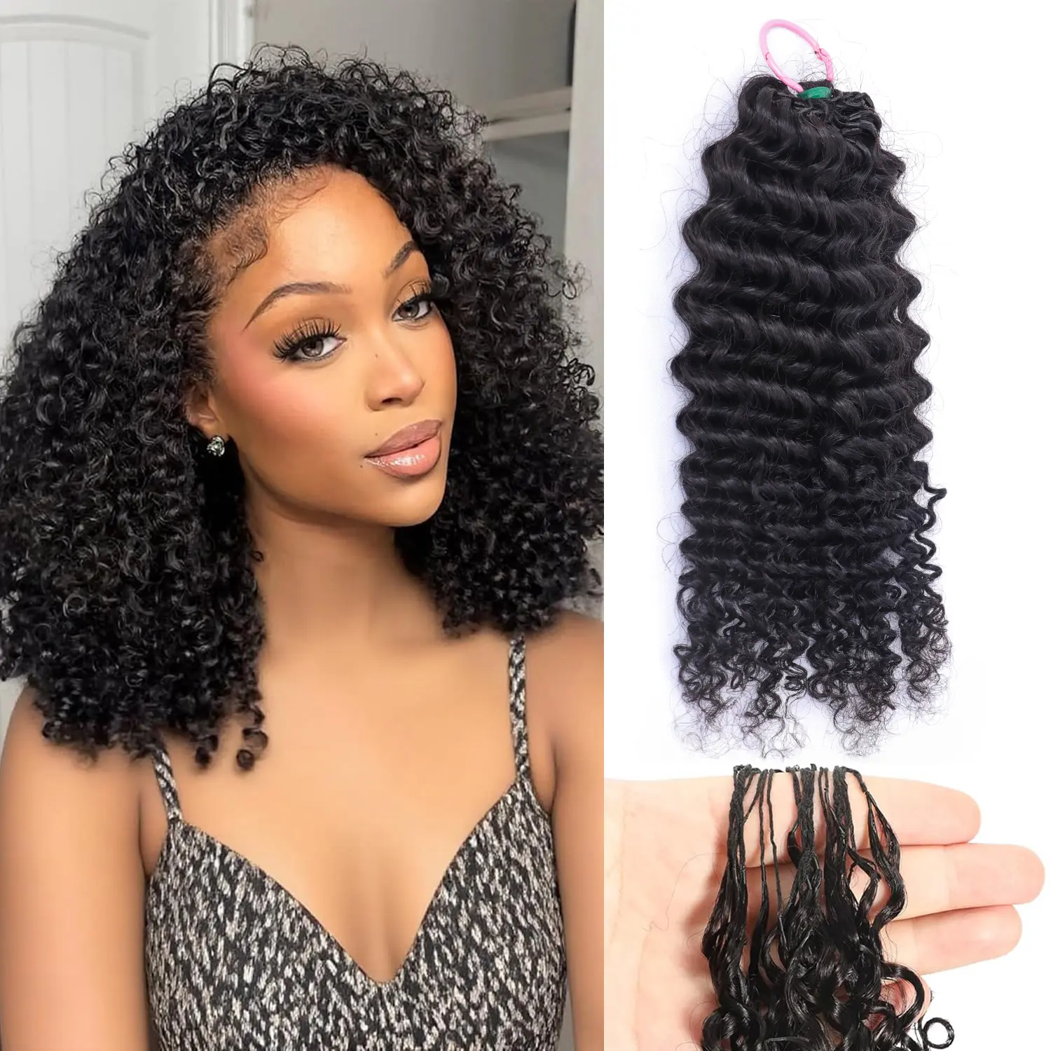 Bling Hair Kinky Curly Crochet Human Hair Knotless Pre-Separated Feather Human Crochet Hair Lightweight Reusable Remy Hair Extensions for Women Natural Black Color