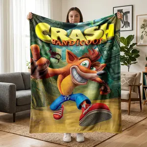 1 pc Crash Bandicoot themed flannel blanket featuring all-over prints of classic game characters, retro arcade style. Soft, warm, comfortable nap blanket—versatile gift suitable for sofa, bed, office, shawl/wrap, camping, and travel.