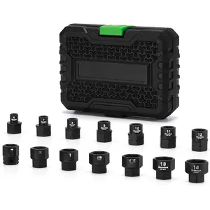 14- 3/8-Inch Drive Metric Low Profile Impact Socket Set, Stubby Socket Set, 6mm-19mm, No Skips Sizes, 6 Point, Cr-Mo, Shorter Socket for Tight Areas