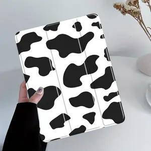 Cute Cow Pattern Design Three-Tier Stand iPad Case,Transparent Acrylic Hard Back,Pencil Slot & Charger Port,Fits iPad 7.9/8.3/10.2/10.5/10.9/11/12.9 13 inch,Shock-resistant Full Cover Protective Case Suitable for Offices Schools Homes,Tablet Accessories