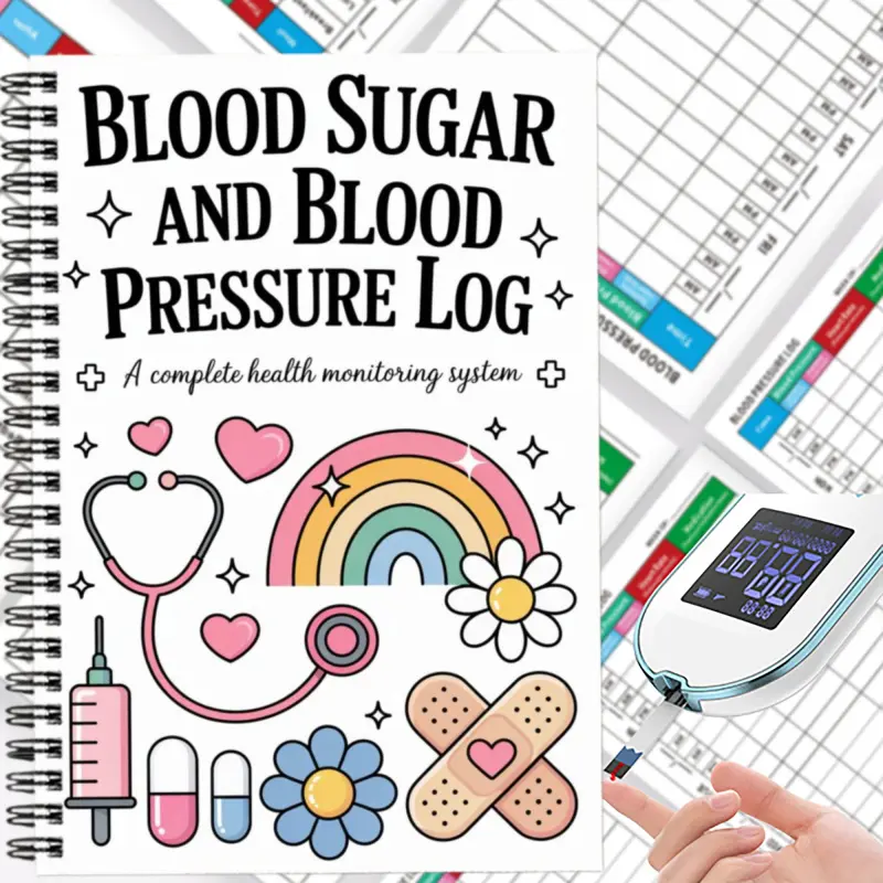 1 blood glucose and blood pressure log book, Sugar Log, Spiral Bound Planner, Organizer, journal, health tracking notebook for monitoring, weekly diary for daily vital sign monitoring. A complete h