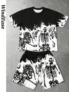 Men's Classic Dark Skull Flame Print Mesh Casual Two-Piece Set, Comfortable Loose Streetwear, Versatile for Parties and Travel