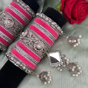 Desi Pakistani Style Set of Oxidized Bangles with Pearls, Gem Hanging Mirror & Jhumkis Featuring a Striped Design.