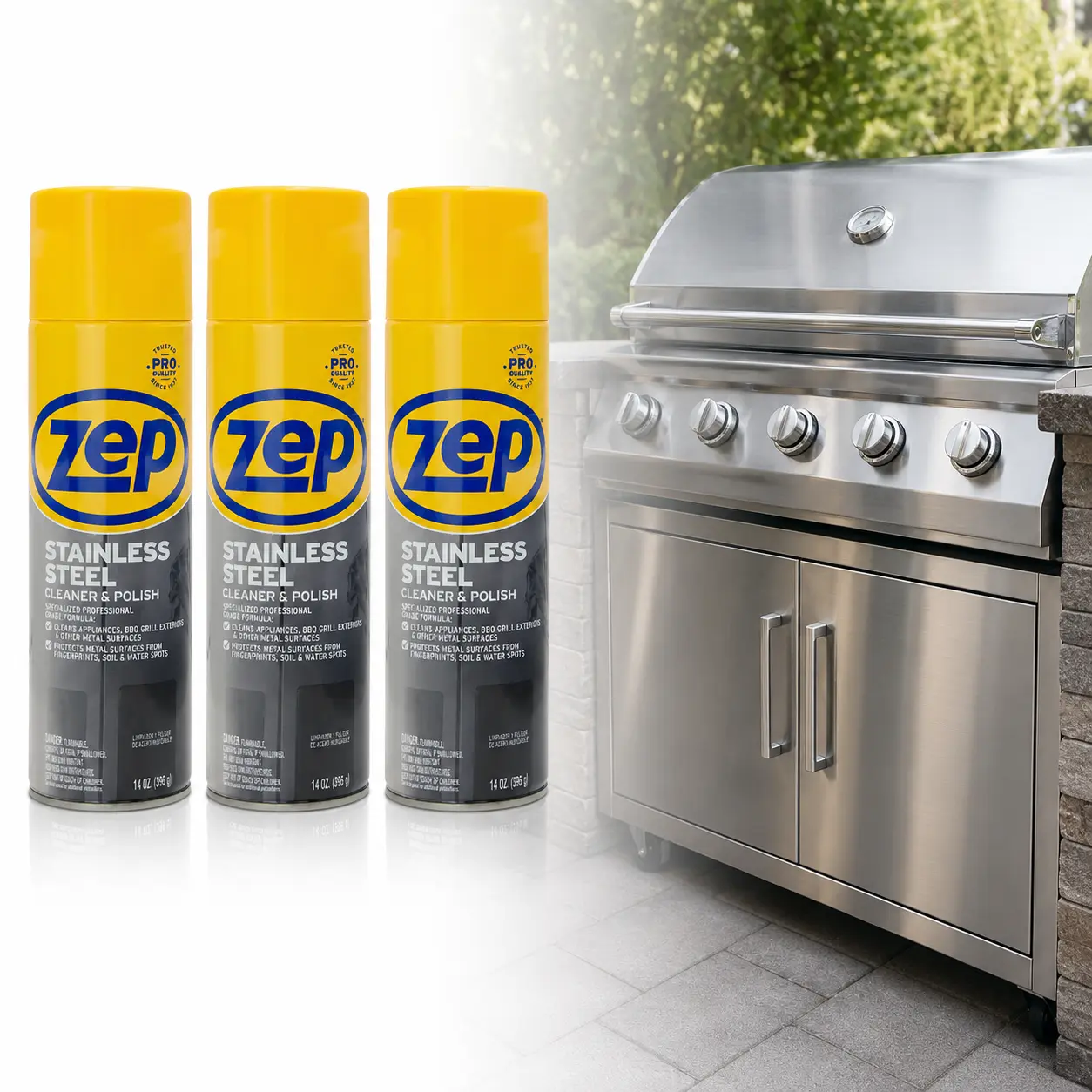 ZEP 14 oz. Stainless Steel Polish,appliance polish,metal cleaner,shine restore,protective coating,soil shield,watermark cleaner,handprint cleaner,grease film,oxidation guard,discoloration guard,range hood,oven door,backsplash,microwave trim,barbecue grill