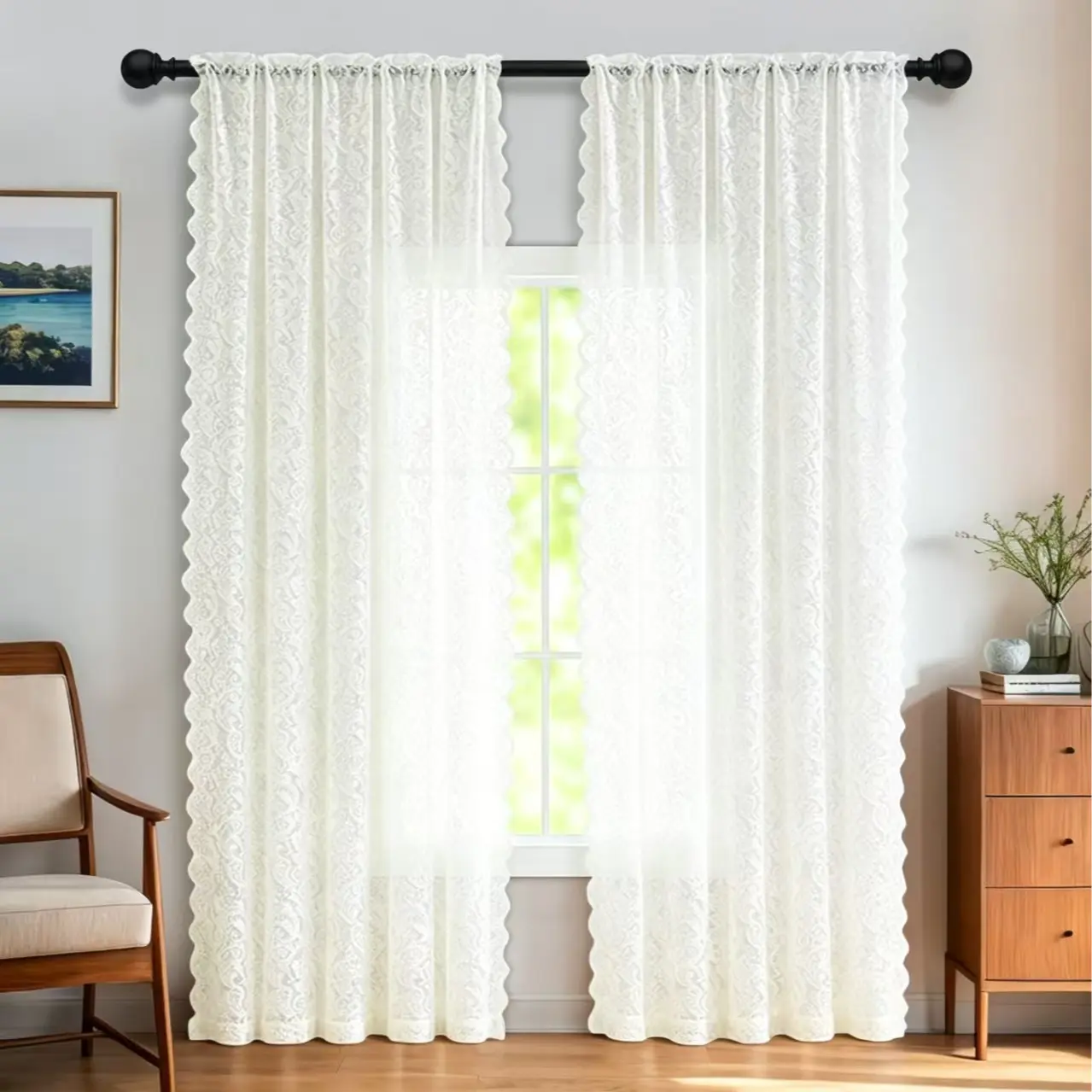 Set of 2 black lace curtains—heat-insulating and mosquito-proof, no drilling required—featuring a rustic, vintage floral pattern and a Gothic-style design. Perfect for dining rooms, guest rooms, and bedrooms. A must-have for decorating your rental home.