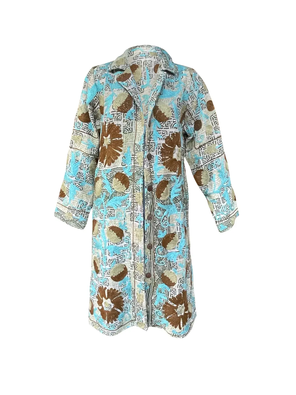 MAYA COAT - Vintage Kantha With Suzani Embroidery BLUE & BROWN- MEDIUM
