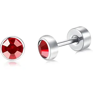 G23 Solid Titanium Studs Earrings Flat Back Light Siam Earrings, Dainty Screw Back Silver Stud Earrings Hypoallergenic 3mm/4mm/5mm Cartilage Rhinestones Earring Helix Tragus Conch Piercing