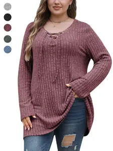 【Plus Size】 Solid Color V Neck Ribbed Sweater Knitwear, Casual Long Sleeve Jumper for Fall & Winter, Women's Plus Clothing for Daily Wear, Tops