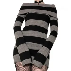 Women Gothic Dress Punk Off Shoulder Striped Knit Dress Y2k Fairy Grunge Dress Halloween Dark Academia Clothes Casual Long Sleeve comfortable  dress Summer Black Light Polyester Womenswear Boat Bodycon Check