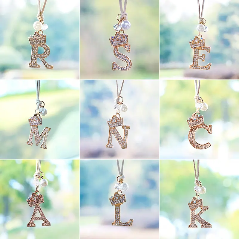 Elegant Alphabet Car Rearview Mirror Hanging Ornament, Shiny Crown Durable Metal Letter Pendant, Vehicle Rearview Mirror Decoration Accessory, Car Accessories, Car Trinkets, Car Ornaments, Car Decorations, Boujee Car Accessories