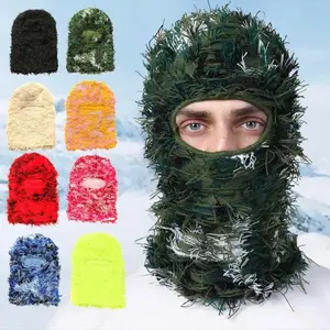 Balaclava Distressed Knitted Full Face Ski Mask for Men Women Beanies Hats Skullies Camouflage Winter Warm Bonnet Windproof Hats Cotton