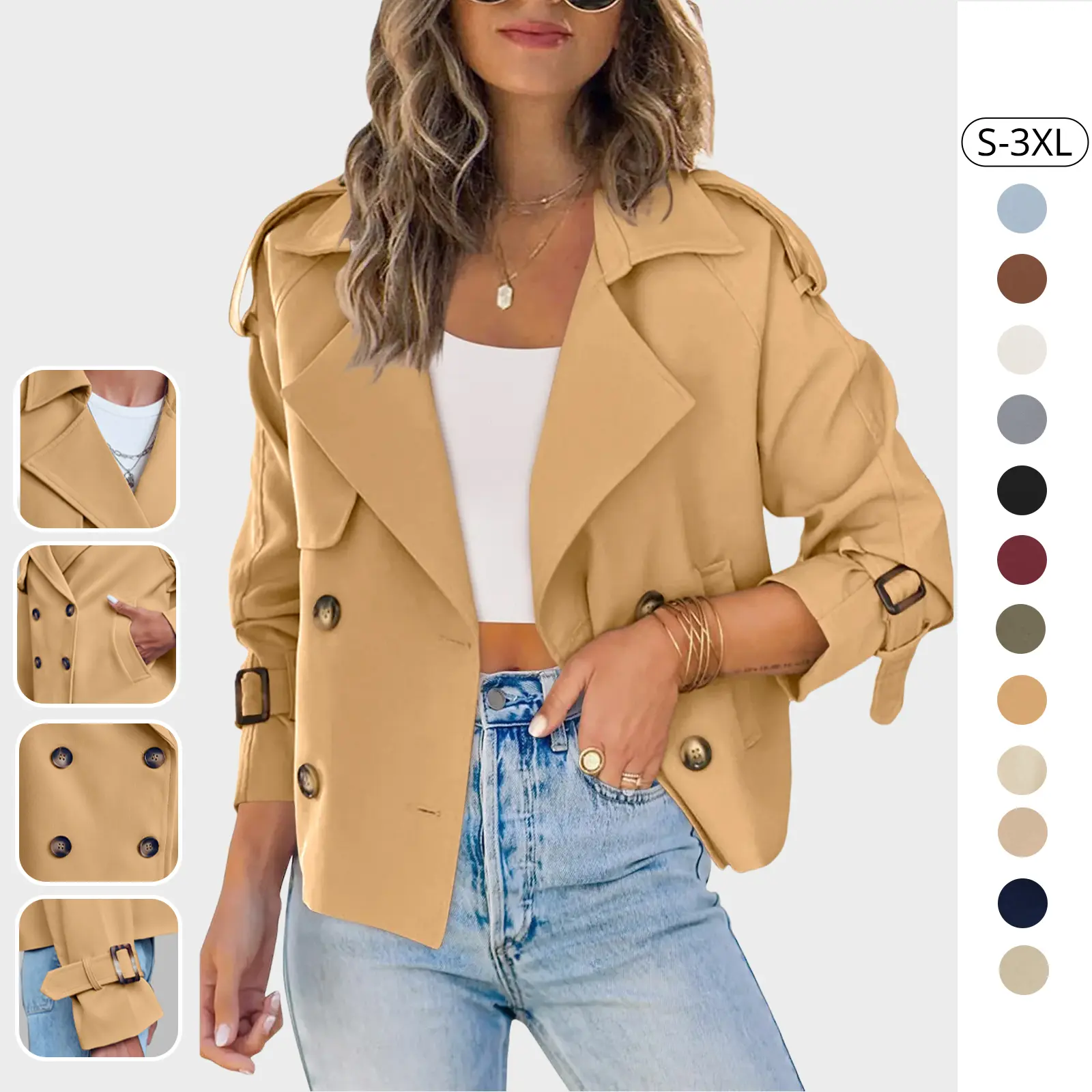 Tankaneo Women Crop Double Breasted Trench Coat Raglan Sleeve Work Office Cropped Jacket With Pockets