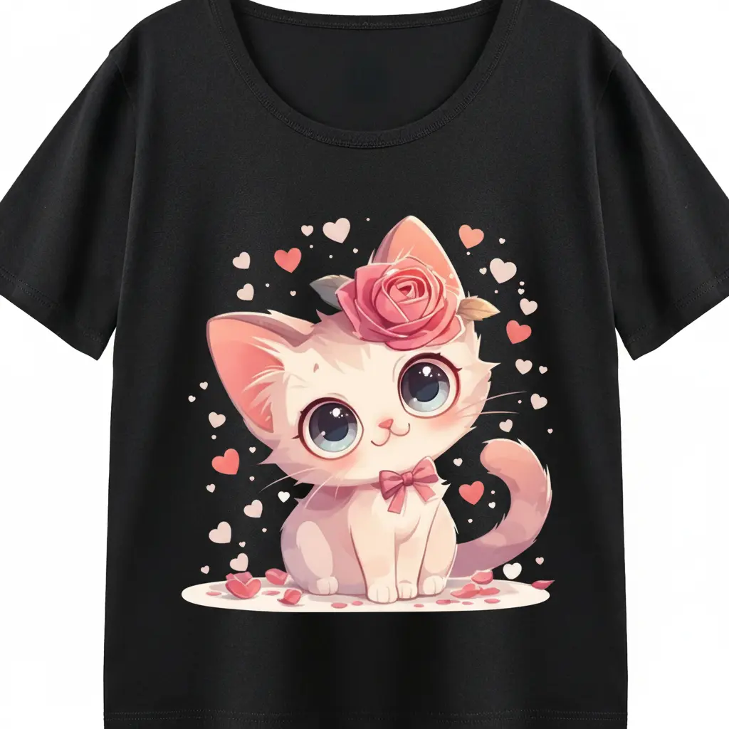 Kawaii Cat Graphic T-Shirt for Women, Soft Fitted Short Sleeve Top with Romantic Rose and Bow Print, Tshirt