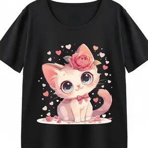 Pink Kitten Rose Shirt Women Kawaii Cute Cat Graphic Tee Bow Floral Adorable Fluffy Baby Feline Sweet Heart Romantic Soft Comfy Gift