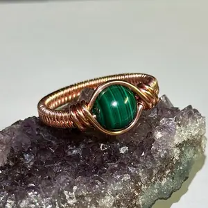 Copper and Malachite Wire Wrapped Ring with Elegant Design, Copper Finish