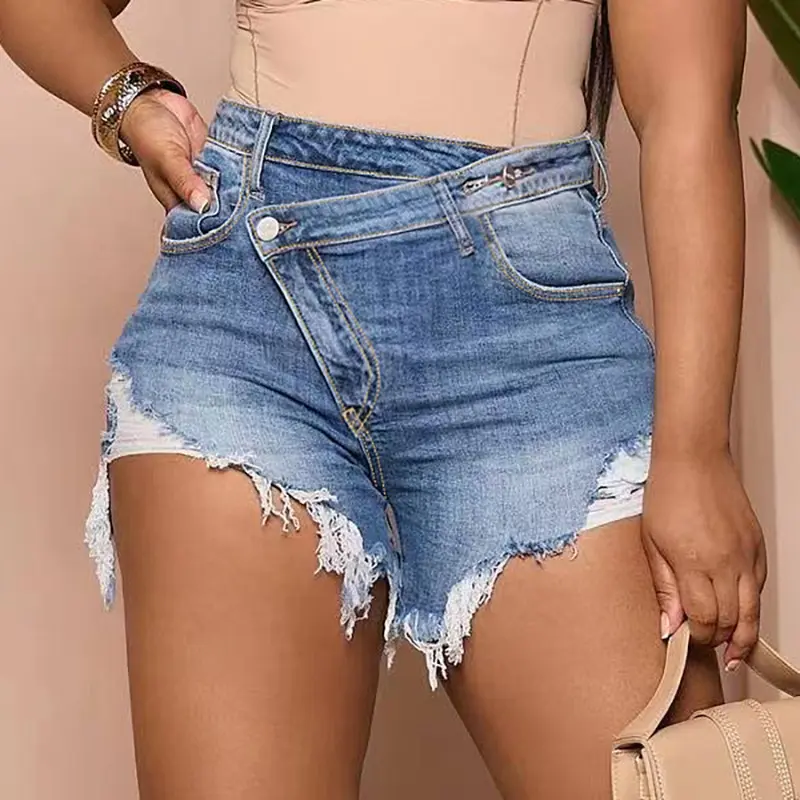 2026 Spring and Summer New Cross High Waist Design Sexy Raw Edge Personalized Denim Shorts Women Slim Fit Blue Asymmetrical Bohemian Bottoms