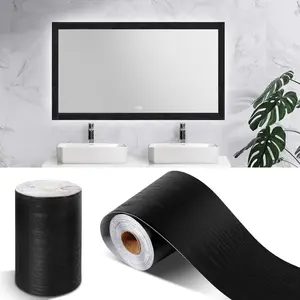 45 FT Black Wood Grain Wallpaper Border, Removable Waterproof Mirror Frame Border, Self Adhesive Kitchen Bathroom Mirror Frame Sticker (3.94Inch X 45.9 Ft)