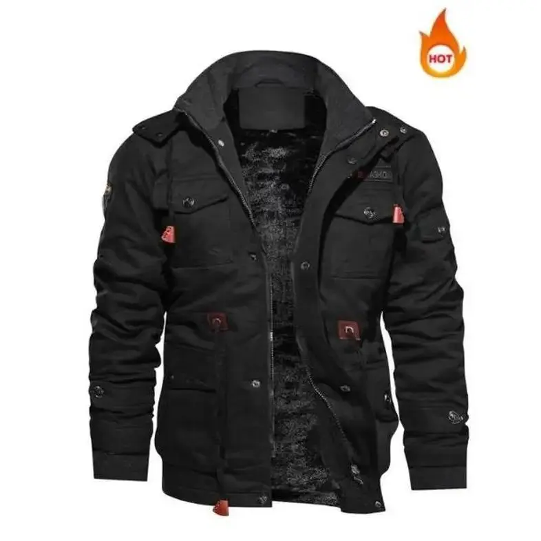 Autumn and Winter Plus Velvet Men's Jacket Removable Hooded Jacket Plus Velvet Thickened Jacket Military Casual Large Pocket Jacket, Menswear