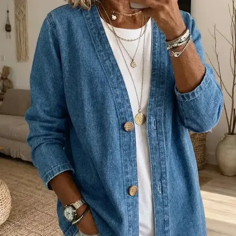 Women's Cute Vintage Washed V-Neck Denim Knit Cardigan Jacket - Long Sleeve, Loose-Fitting, Plain, Draped, Breathable, Soft, Lightweight, Boho Vibe Spring Layer for Leggings (Pairs with T-Shirts, Tank Tops)