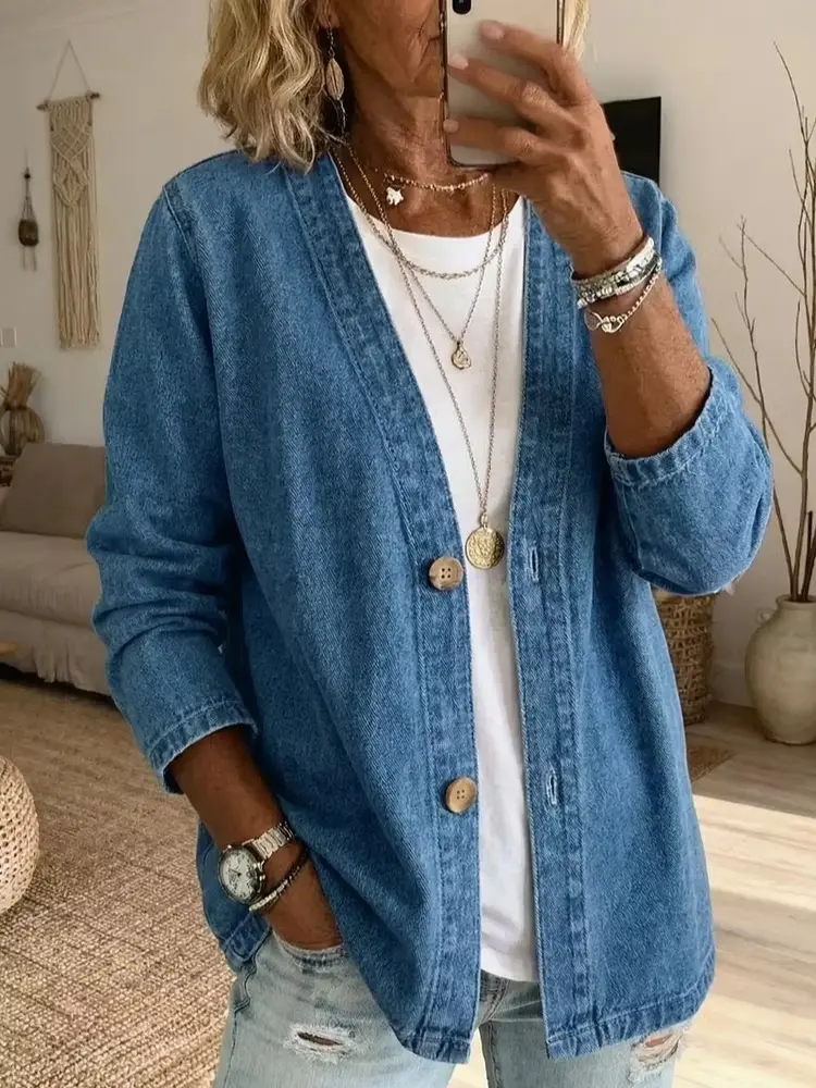Women's Vintage Washed V-Neck Denim Knitwear Cardigan Jacket - Long Sleeve, Loose-Fitting, Loose Drape, Plain, Retro Vibes, Breathable, Soft, Lightweight, Bohemian, Casual Everyday Essential for Leggings Pairings