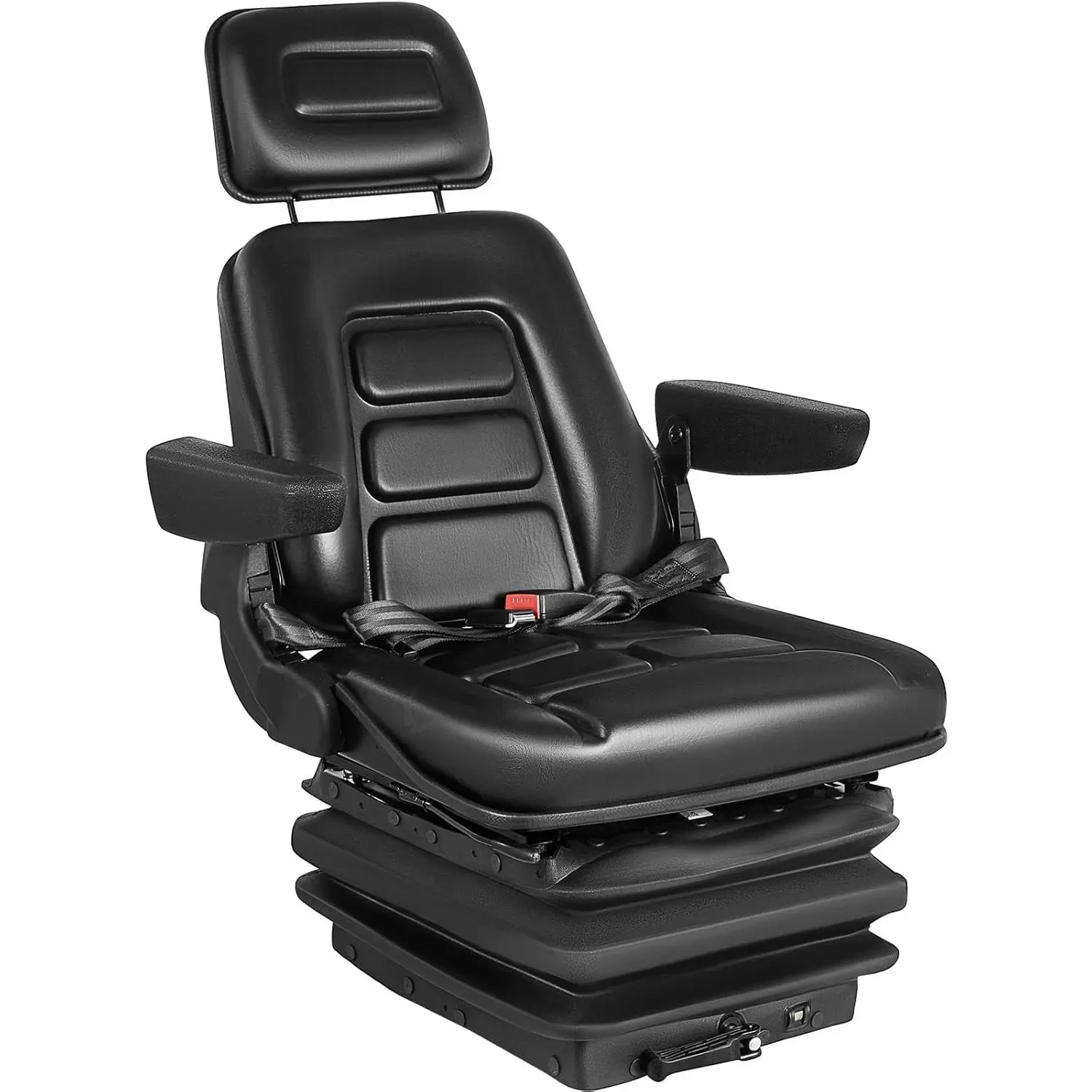 Heavy-Duty Suspension Seat with Adjustable Backrest, Headrest, Armrest, Seat Belt & Slide Rails, Foldable Replacement for Tractor, Forklift & Excavator