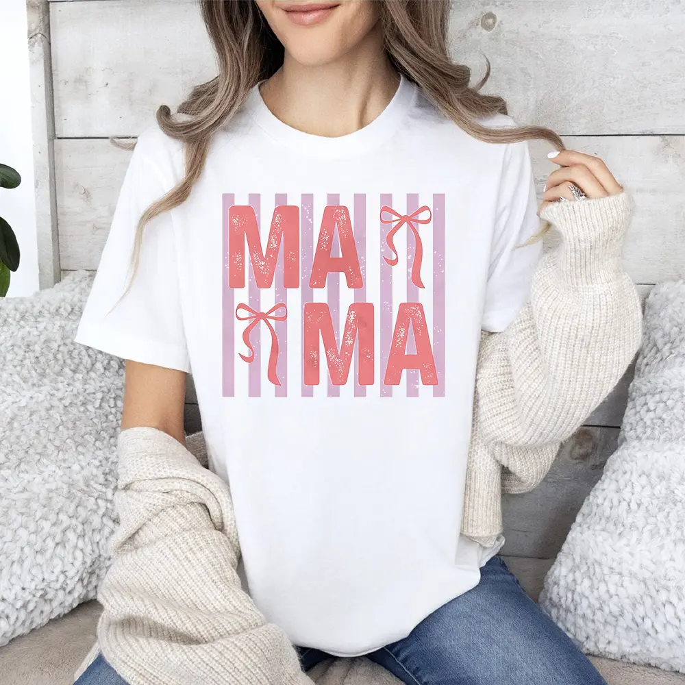 Mama TShirt, Pink Bow Mama Tee, Retro Stripe Mom TShirt, Aesthetic Mama Era Tee, Mother's Day Gift, Trendy Tee