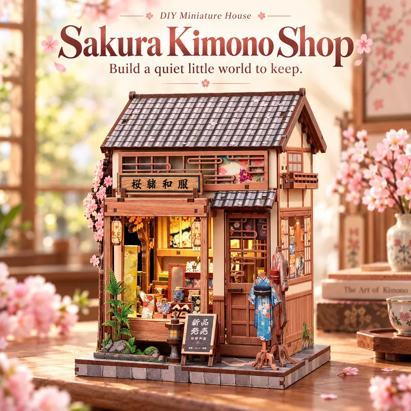 CuteBee 3D Complete DIY Sakura Kimono Shop Book Nook Building Set, 235-Piece Japanese Wooden Dollhouse Kit with Warm LED Lights, Adult DIY Woodwork Craft, Home Decor Gift