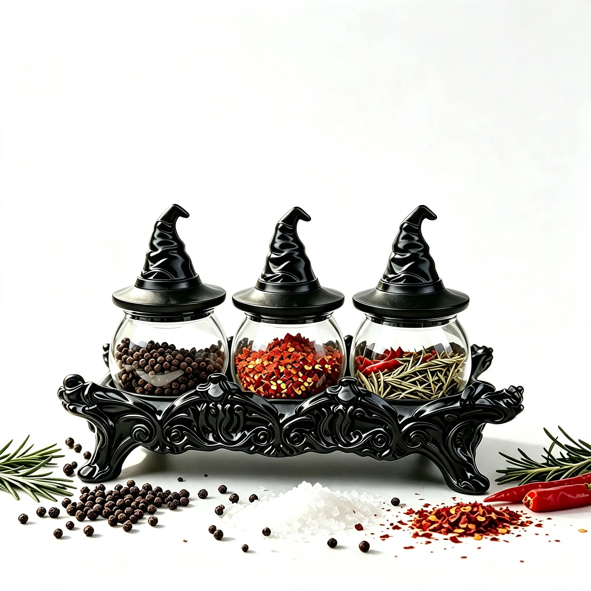 3-Piece Witch Hat Spice Jar Set with Display Stand, Glass Apothecary Seasoning Containers for Salt, Pepper, Herbs & Spices, Kitchen Countertop Storage Organizer, Gothic Kitchen Decor, Vintage Pantry Storage & Functional Home Organization