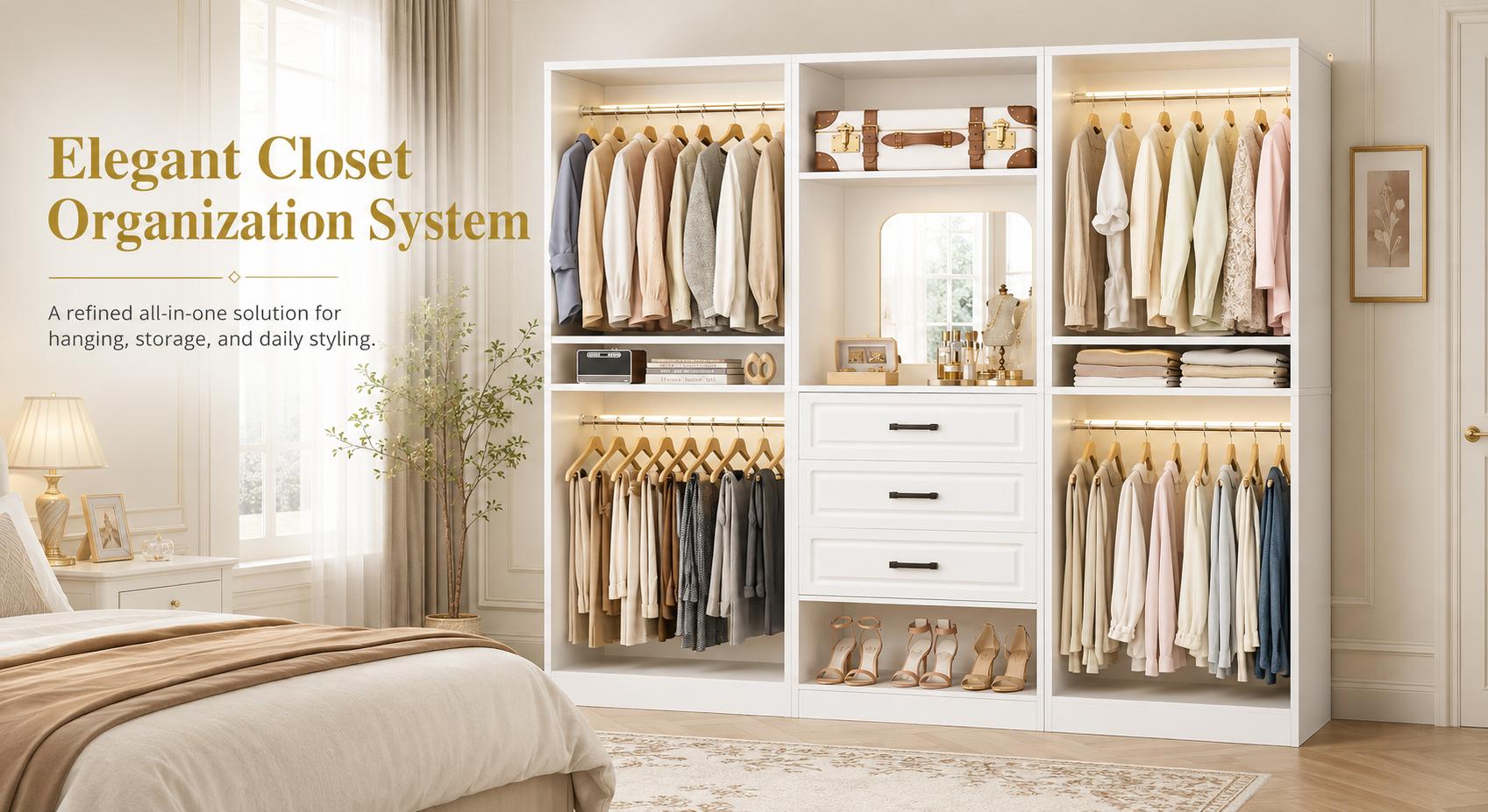 Homieasy 75" Modular Closet Organizer System with Mirror & Drawers, 3-in-1 Freestanding Wardrobe Tower with Adjustable Shelves & Hanging Rods, Heavy-Duty Bedroom Storage for Walk-in Closets