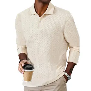 Men's Long Sleeve Textured Polo Shirt Casual Stylish Knit Top in Beige & Khaki for Menswear with Unique Design and Everyday Wear Versatility