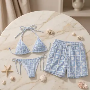 [Hot Summer 2026 Matching Set] Blue Matching Couple Swimwear Set – Bikini & Men’s Swim Trunks, Tropical Beach Vacation Outfit for Him & Her