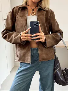 Faux Suede Jacket, Zipper Loose Fit Coat, Everyday Casual Street Style, Short Vintage Suede Jacket, Soft PU Leather Outerwear, Womenswear Tops, Basic, Lady