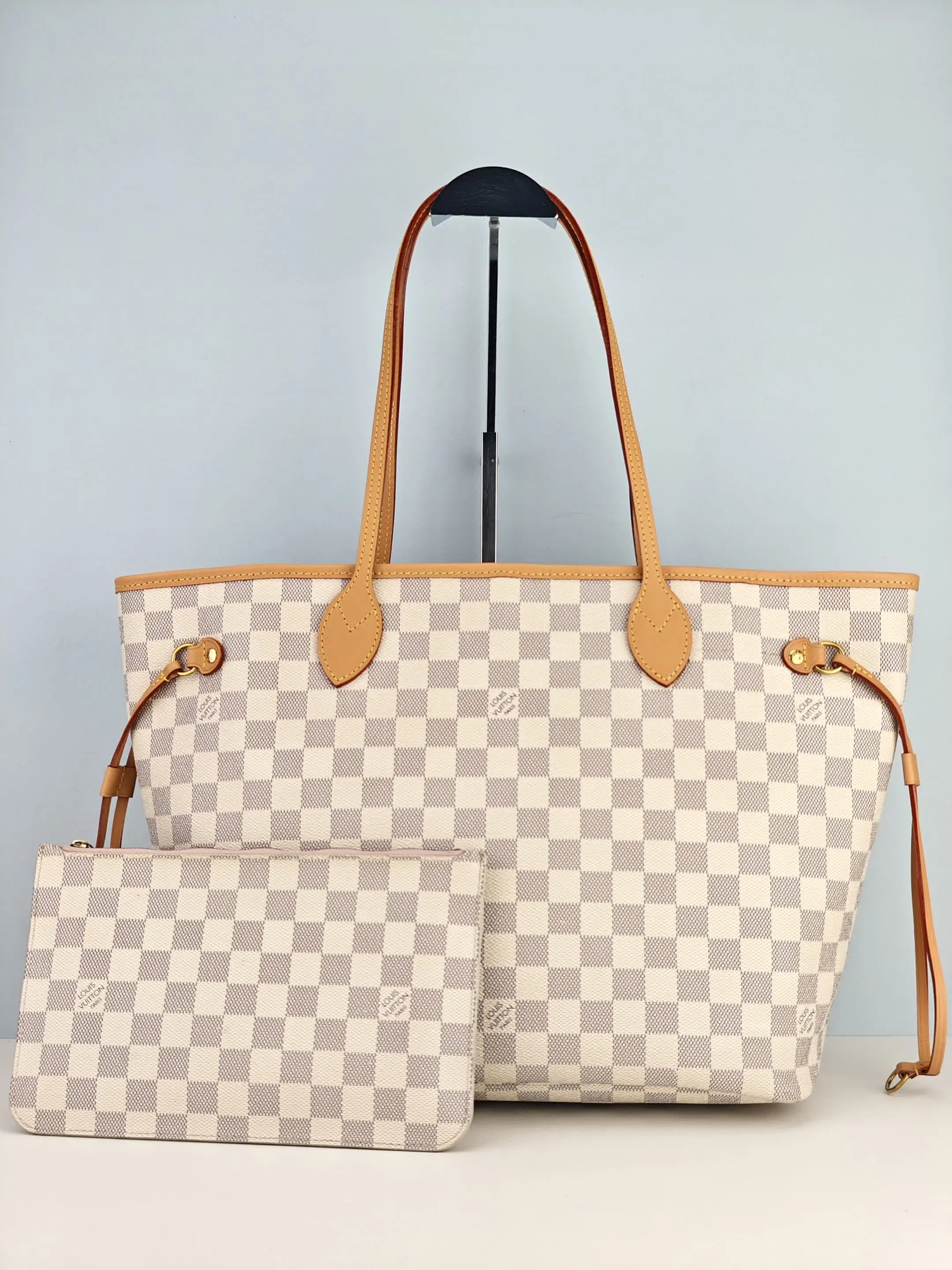 Pre-owned Damier Azur coated canvas Tote Bags Louis Vuitton Neverfull MM Damier Azur Canvas Shoulder Bag With matching pouch【FL3168】