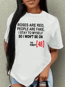 Women's Letter & Figure Print Round Neck Tee, Trendy Casual Drop Shoulder Short Sleeve T-Shirt for Daily Wear, Ladies Summer Clothes, Funny Graphic Tees, Womenswear, Tshirt