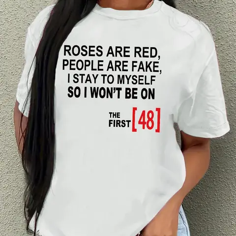 Women's Letter & Figure Print Round Neck Tee, Top, Casual Everyday Tops, Trendy Casual Drop Shoulder Short Sleeve Fitted T-Shirt for Daily Wear, Ladies Summer Clothes, Funny Graphic Tees, Letter Printed Tee, Womenswear, Tshirt