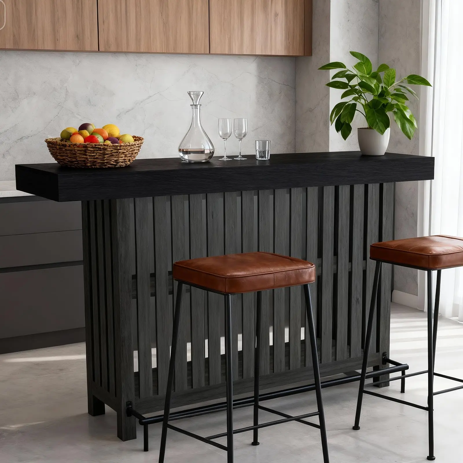 Garvee 63" Home Bar Table with 2-Tier Storage Shelf, Mini Bar Unit for Kitchen or Small Indoor Pub, Featuring Grey and Rustic Brown Finish