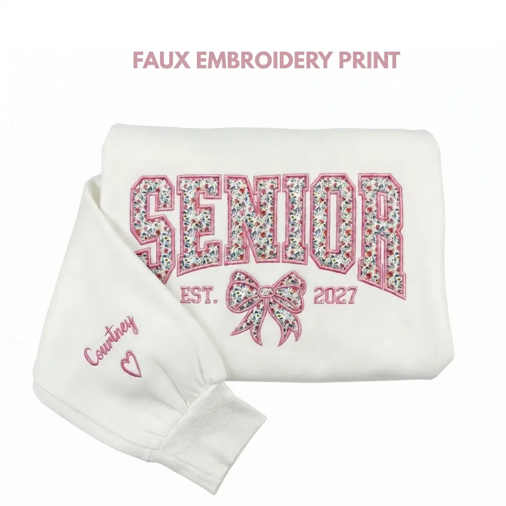 [Ship From US] FAUX EMBROIDERY PRINT Senior 2027 Custom Name Shirt, Pink Liberty Floral Senior Shirt, Coquette Bow Graduation Gift, Personalized Name on Sleeve