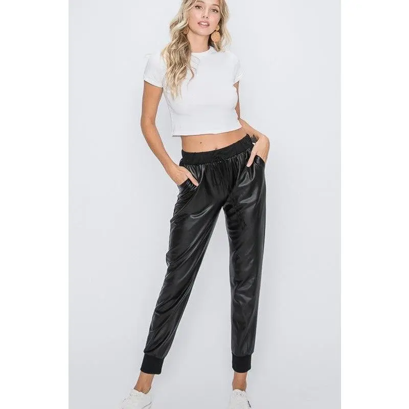 Black Faux Leather Jogger Pants