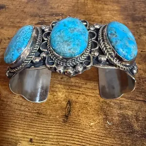 Native American Kingman Turquoise Cuff Bracelet Nickel Silver Signed Cleveland Genuine Turquoise Centerpiece Durable Frame Tarnish Resistant