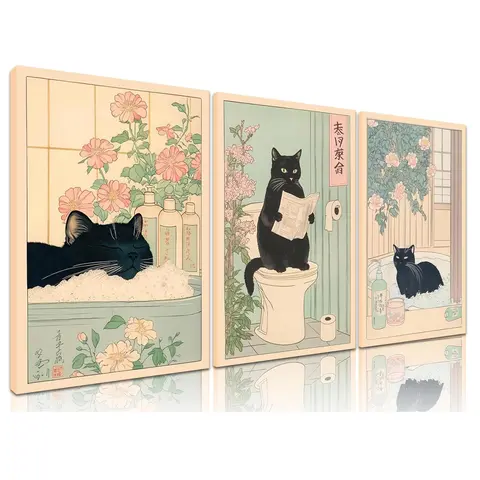 Funny Bathroom Canvas Wall Art Set of 3, Japanese Funny Black Cat Wall Decor Paintings Cute Bathroom Posters Prints Pictures for Bedroom Toilet Home Decor art print bundle vintage und option pop culture movie less museum-quality poster oval