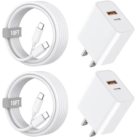 2-Pack Dual Port PD+QC3.0 Wall Charger Fast Charging with 10FT Long USB C Charging Cord for iPhone 16/16 Plus/16 Pro/16 Pro Max/15/15 Plus/15 Pro/15 Pro Max
