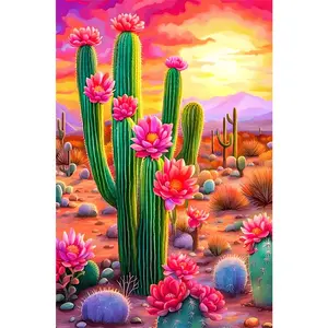 1PCS Sunset Desert Cactus Diamond Painting Kit with Pink Flowers and Mountain Landscape DIY Craft Home D