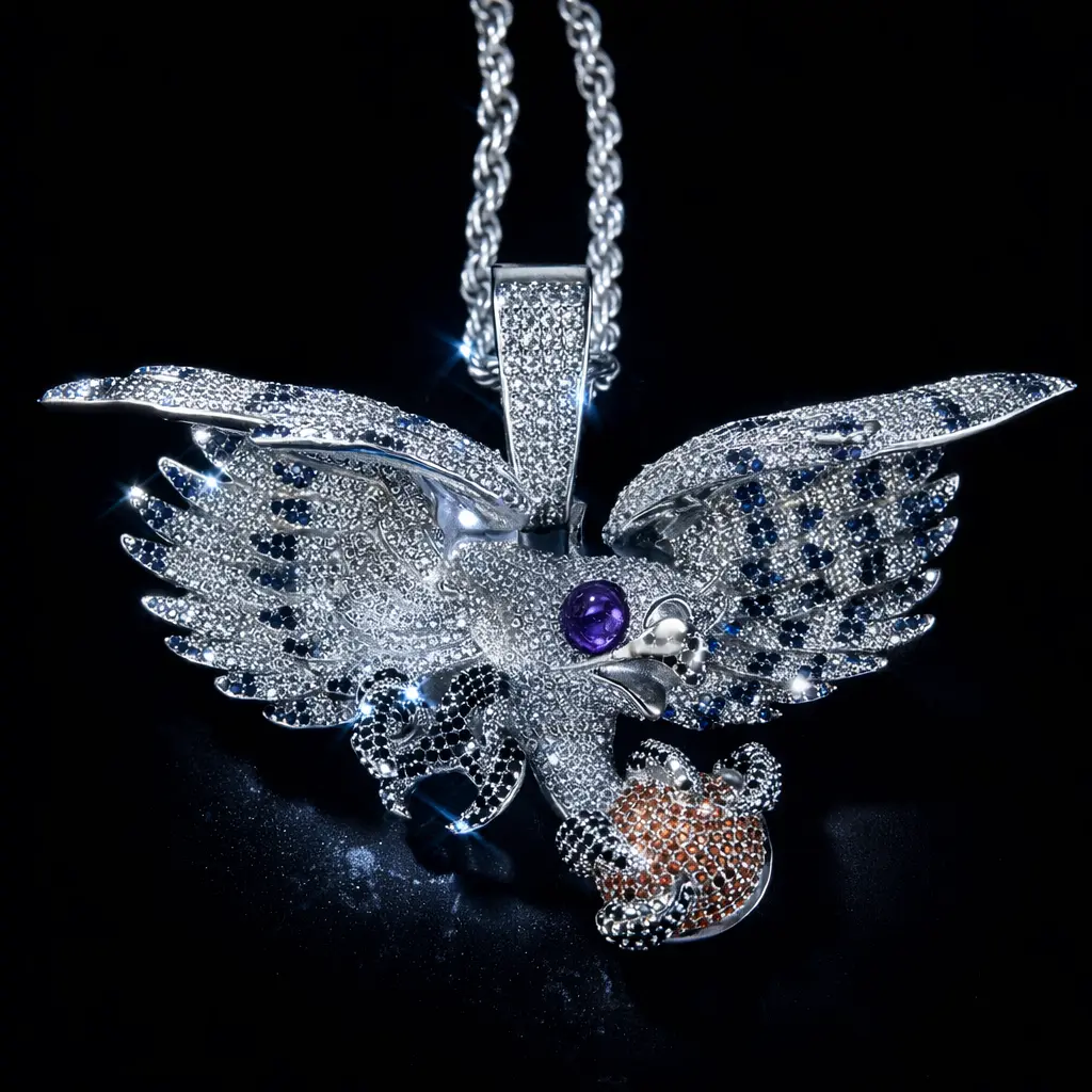 Fallen Angel Wing Bling Necklace, Men's Gold-Plated Statement Pendant with 5A CZ Stones on 24-Inch Iced Out Chains, Animal