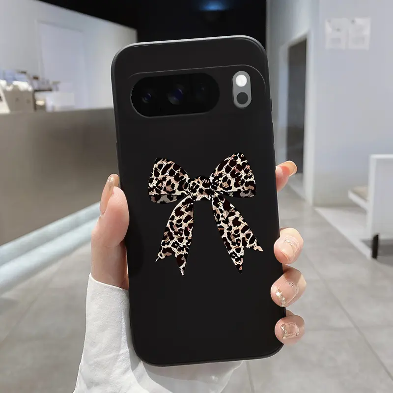 Rounded Edge Phone Case for Google Pixel 10 9 8 7 Pro A XL Leopard print Bow Pattern Anti-Scratch Shockproof TPU Bumper Drop-proof Cover Cellphone Protective
