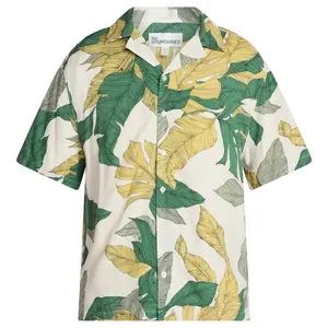 Tropical Leaf Print Short Sleeve Shirt for Men - Casual Summer Top with Green and Yellow Leaves Design
